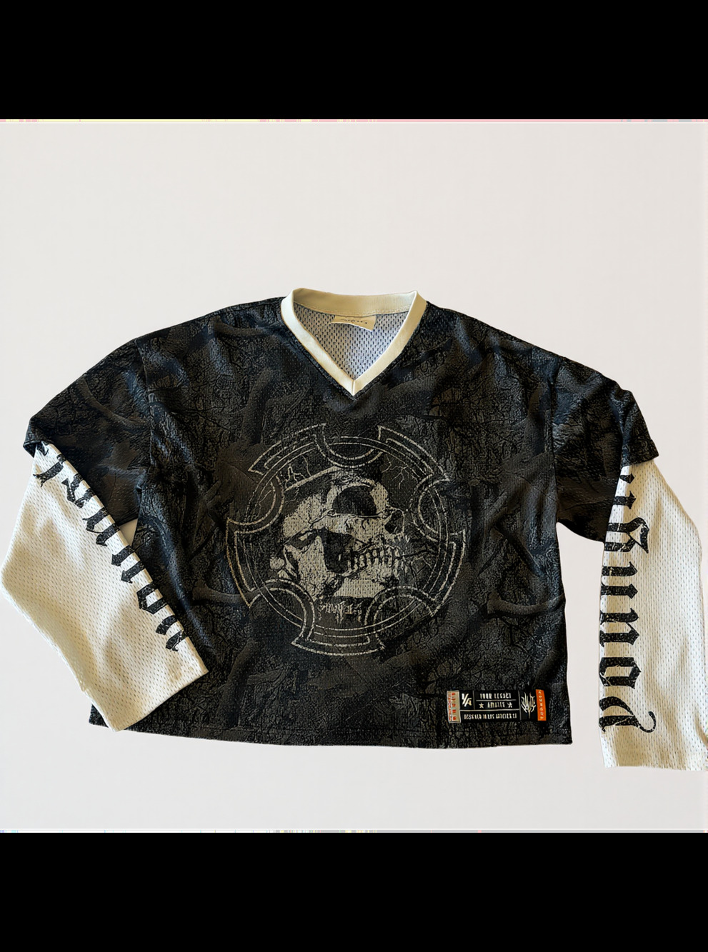 YoungLA M Skull Graphic Layered Mesh Jersey Shirt Black White Y2K Streetwear